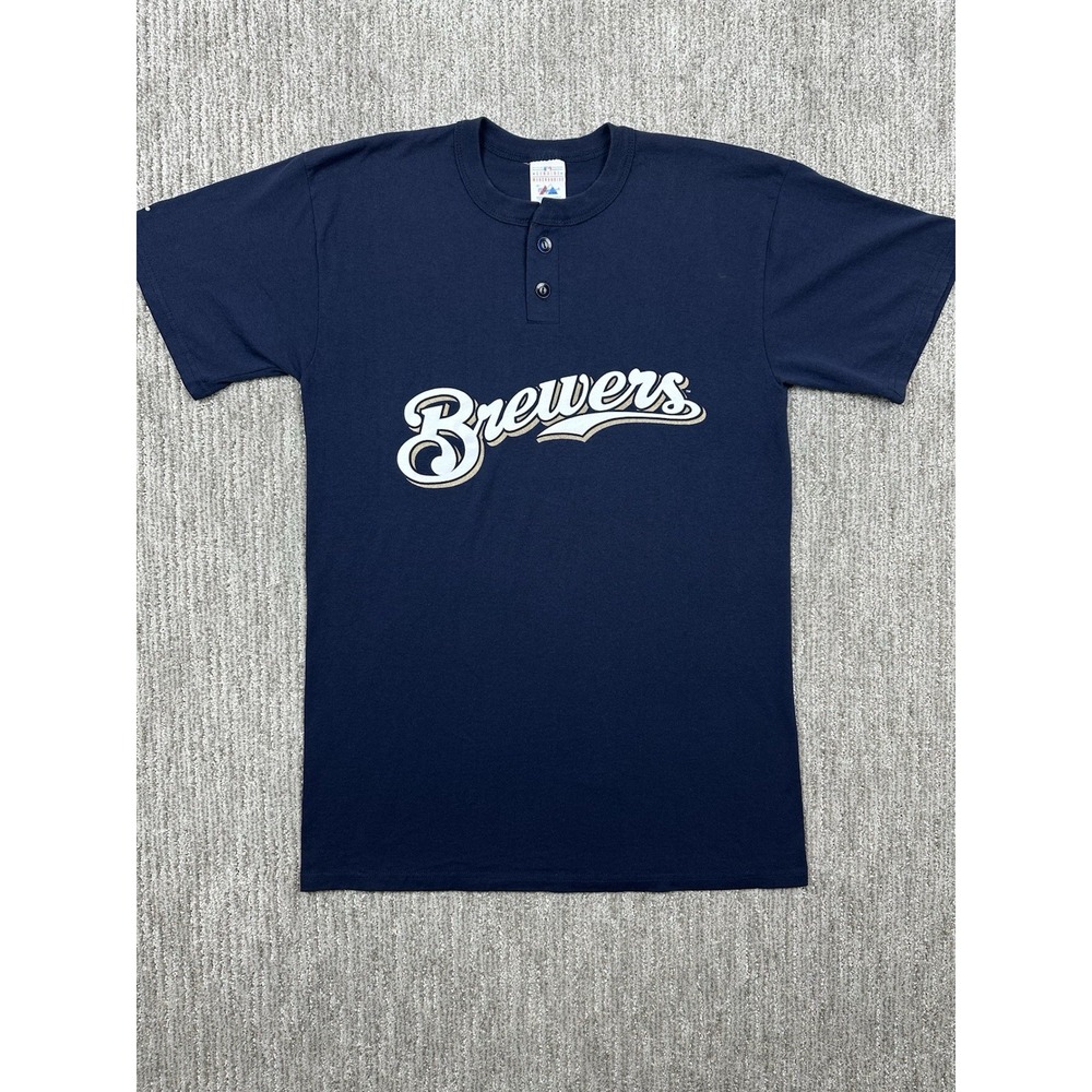 Vintage Majestic Milwaukee Brewers Henley Shirt Mens Medium Navy Blue MLB #3